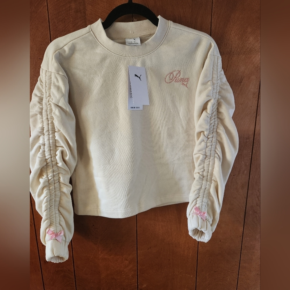 Puma Girl's Cream Sweatshirt with Pink Logo/Ruched Sleeves w/Finish Bow, L, NWT